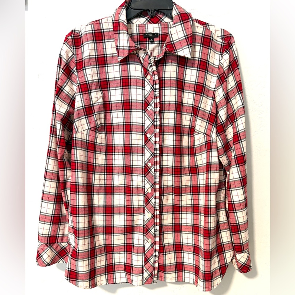 Talbots Button Down Plaid Shirt Red, Cream, Black  Ruffle Front XL NWOT